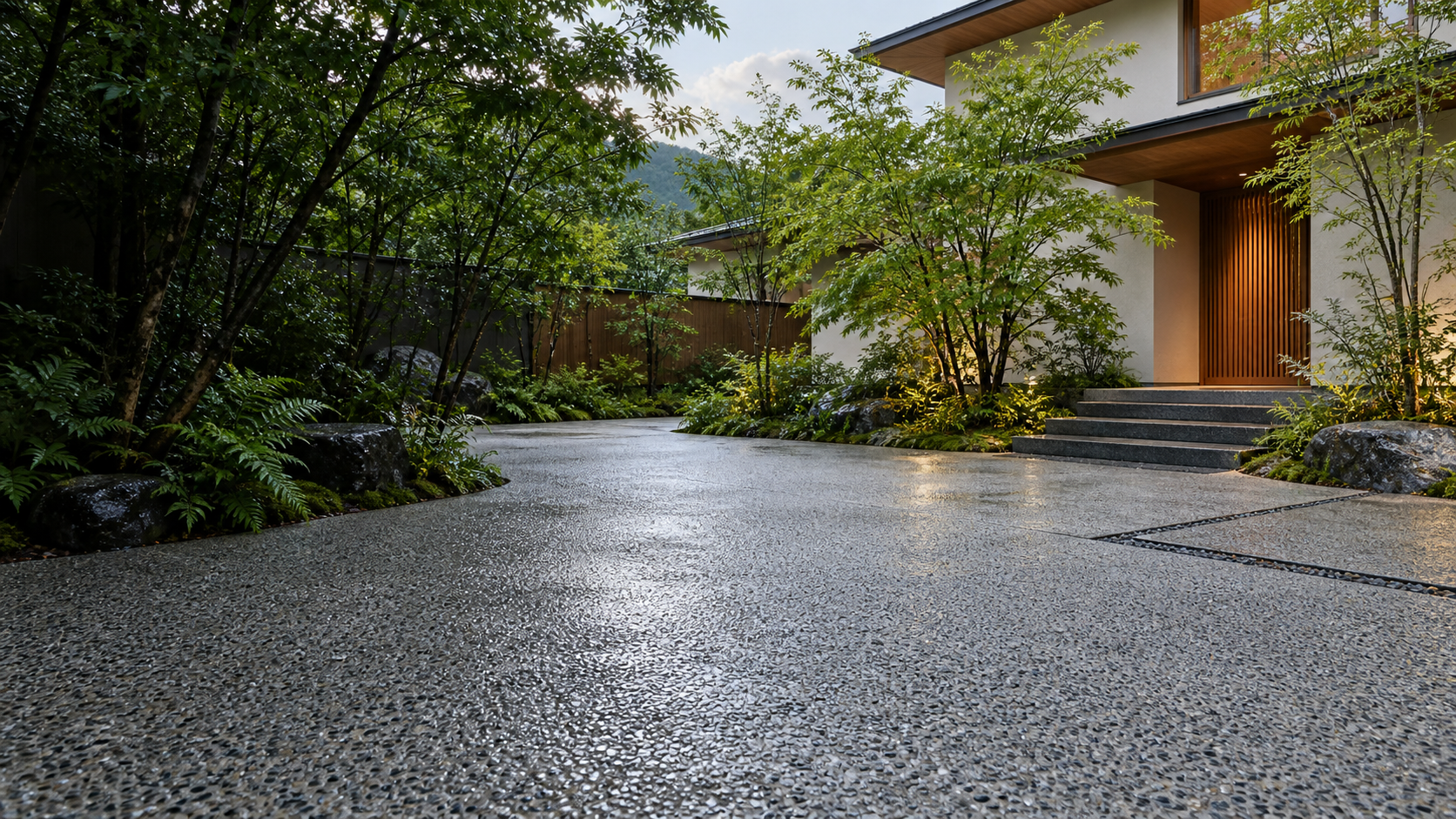 雨上がりの庭と透水性舗装