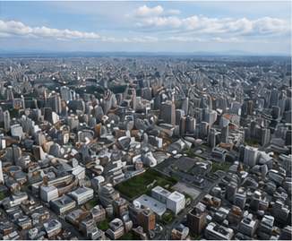コンクリートに覆われた市街地の空撮
