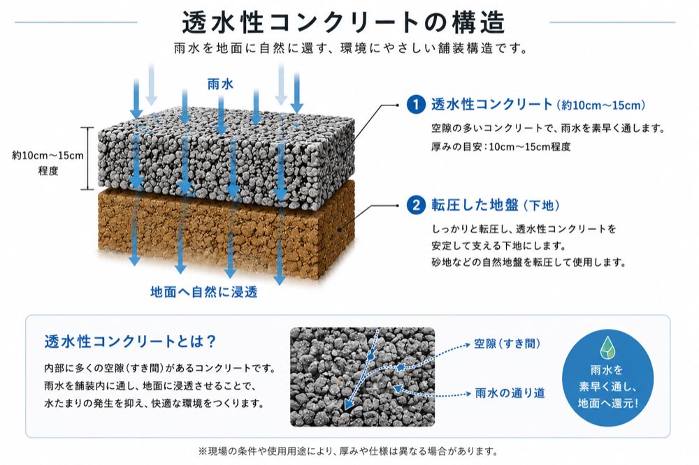 透水性コンクリートの構造図。空隙の多い表層（約10〜15cm）を雨水が通り、転圧した地盤を経て地面へ自然に浸透する。