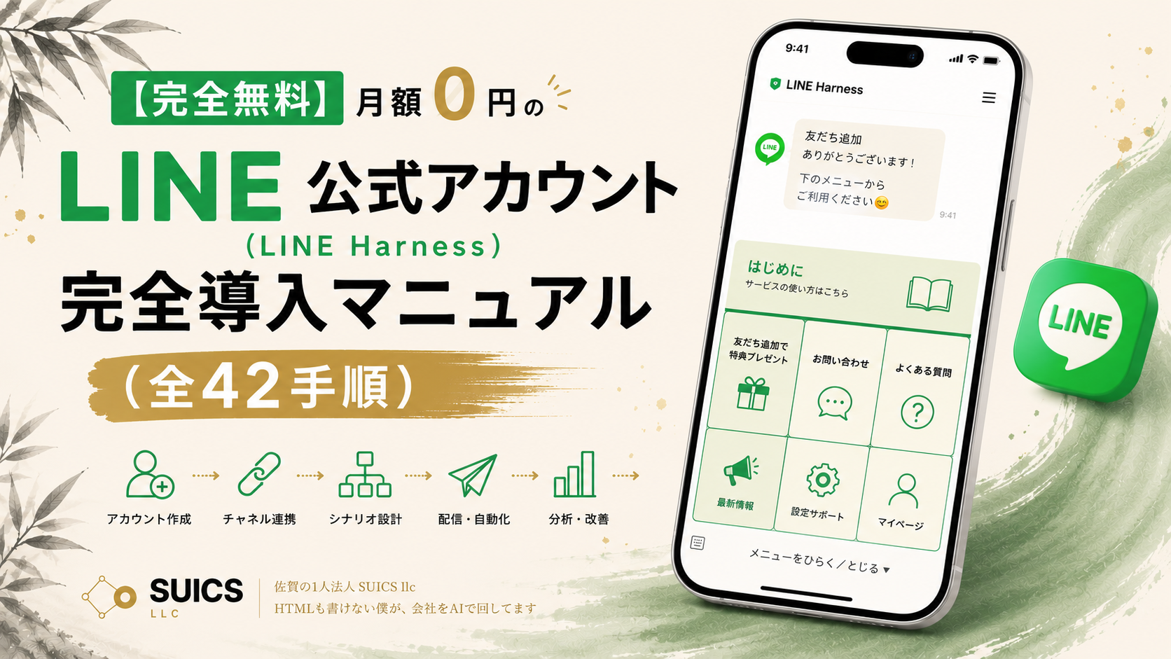LINE公式アカウントの開設ページ。押すボタンに赤い矢印で「ここを押す」と入っているガイド本文の一例