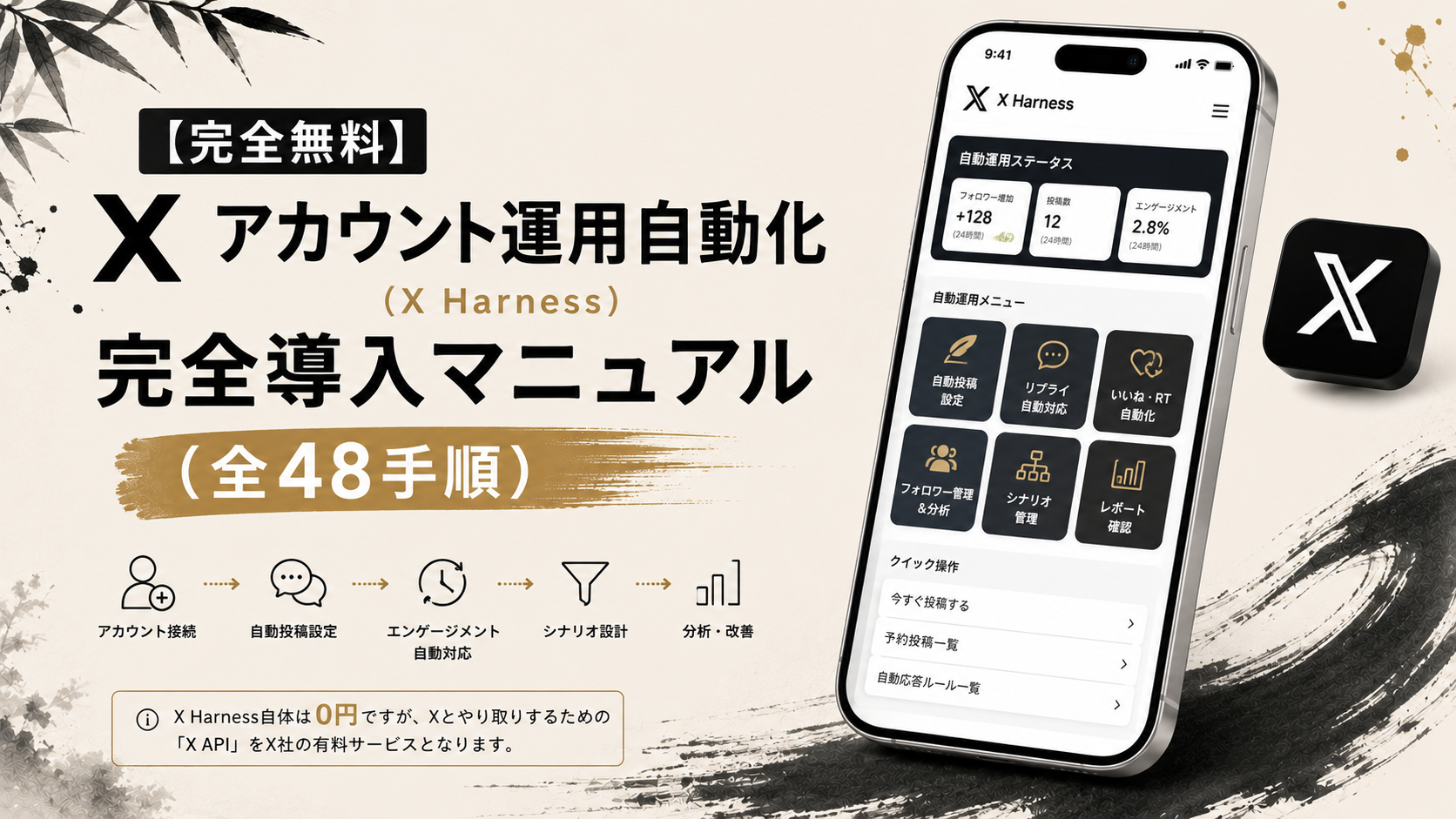 X Harness導入ガイドの表紙イメージ。「X運用の自動化ツールを自分で導入して、毎日回すまでの実録」と書かれています